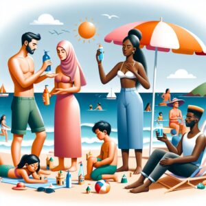 A sunny beach with families enjoying their summer vacation, showcasing activities like applying sunscreen, drinking water, and relaxing under umbrellas, embodying a healthy summer lifestyle.