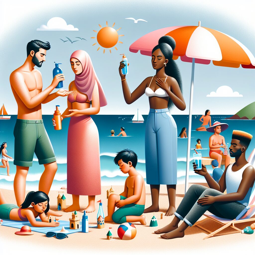 A sunny beach with families enjoying their summer vacation, showcasing activities like applying sunscreen, drinking water, and relaxing under umbrellas, embodying a healthy summer lifestyle.