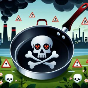 Illustration montrant une poêle en Téflon avec des symboles de danger tels que des crânes et croix devant un fond de nature polluée, pour souligner l'impact environnemental et sanitaire des composés chimiques contenus dans les poêles en Téflon.
