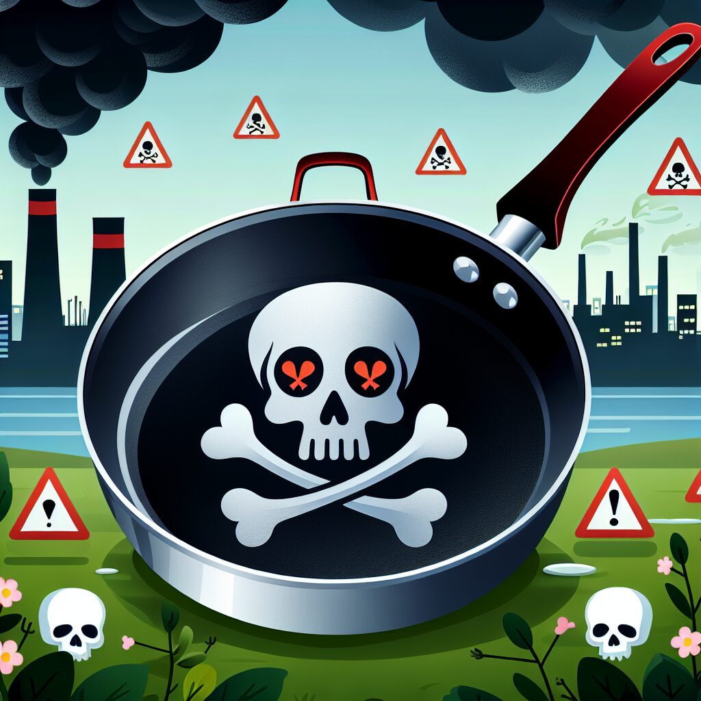 Illustration montrant une poêle en Téflon avec des symboles de danger tels que des crânes et croix devant un fond de nature polluée, pour souligner l'impact environnemental et sanitaire des composés chimiques contenus dans les poêles en Téflon.