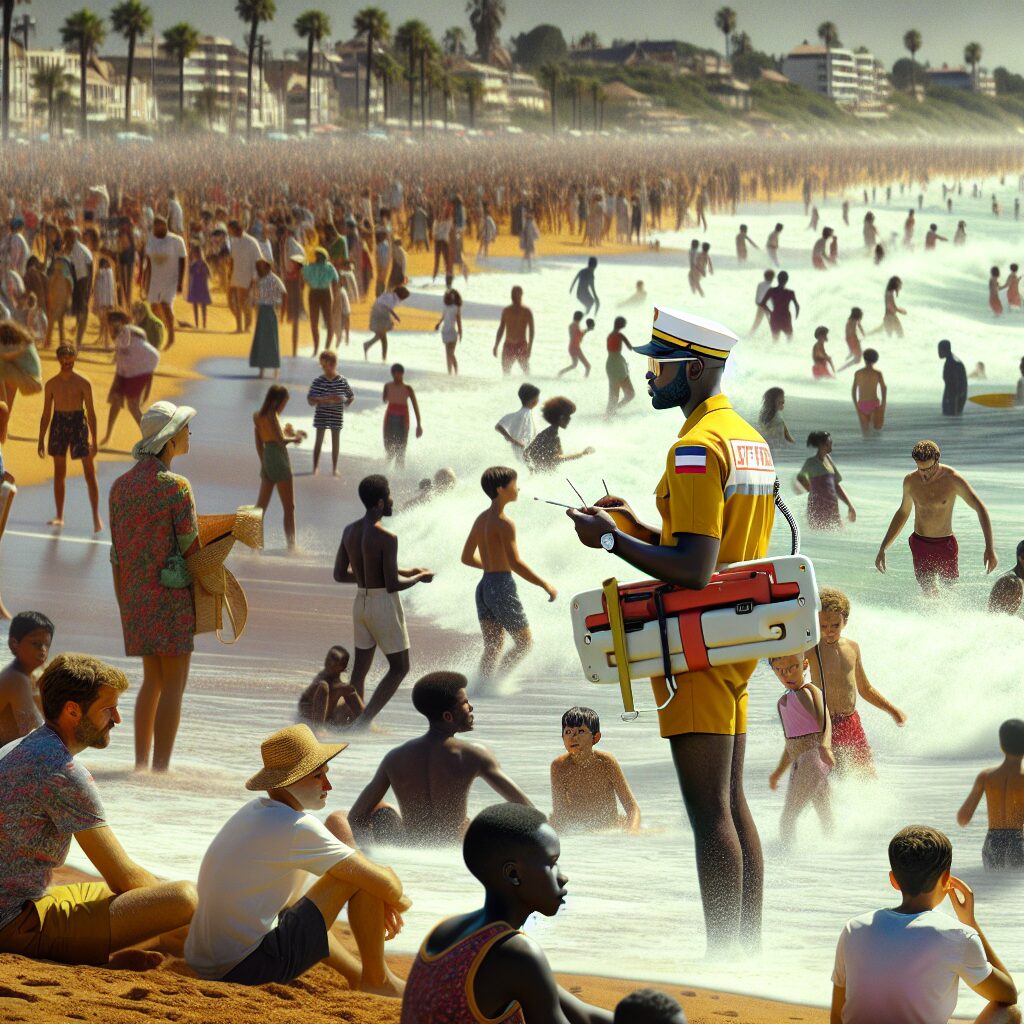 A crowded French beach during a heatwave, with lifeguards patrolling, children playing near the shore, intense sunlight and clear blue sky, conveying the urgency and risk of drowning incidents.