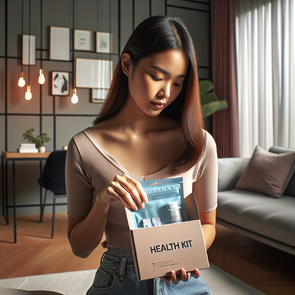 A young woman at her home, opening a discreet package labeled 'Health Kit', with medical items visible inside, representing a home testing kit for STIs. The setting is serene and modern, suggesting privacy and accessibility.