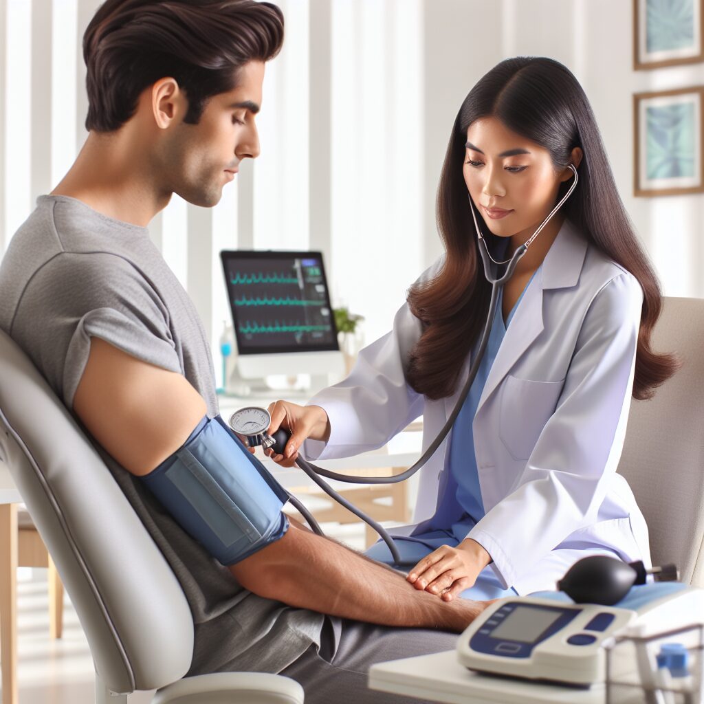 An image of a healthcare professional using a blood pressure monitor on a patient in a calm, clinical setting. The patient is seated, looking relaxed and attentive, surrounded by a few medical instruments suggesting a routine check-up. The background is a bright, modern doctor's office.