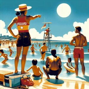 Illustration d'une plage animée en été avec des sauveteurs en action et des enfants jouant près de l'eau, sous un ciel ensoleillé. Un air de chaleur estivale et de vigilance ressort de l'image, avec une attention particulière sur les normes de sécurité.
