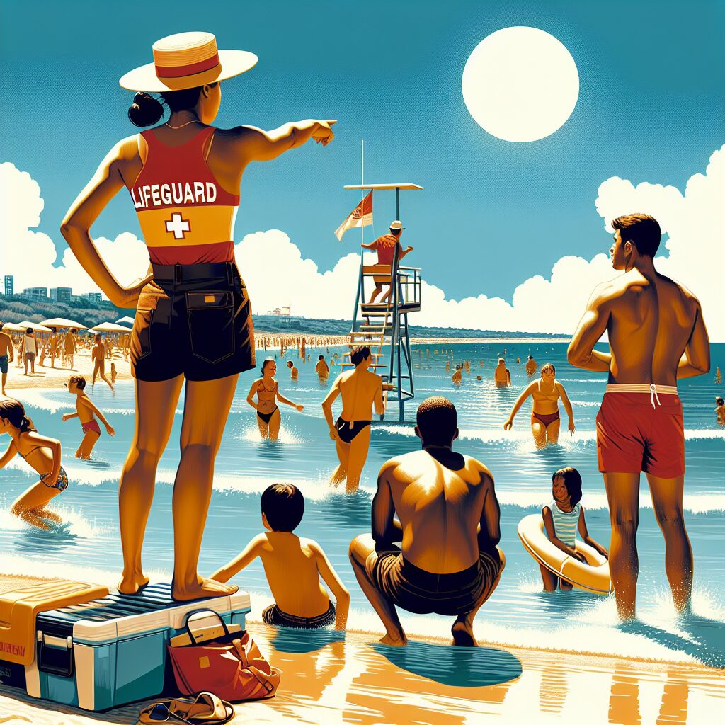 Illustration d'une plage animée en été avec des sauveteurs en action et des enfants jouant près de l'eau, sous un ciel ensoleillé. Un air de chaleur estivale et de vigilance ressort de l'image, avec une attention particulière sur les normes de sécurité.