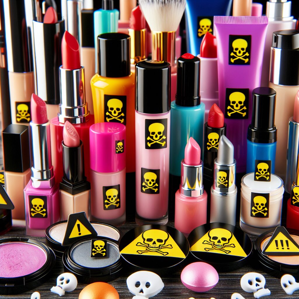An image showing a collection of cosmetics like lipsticks, foundations, and creams, with warning signs such as skull and crossbones and exclamation marks, highlighting the potential dangers of counterfeit beauty products.