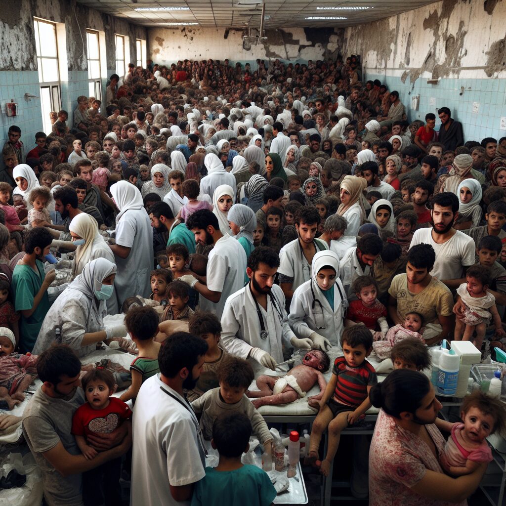 A crowded Gaza hospital scene with stressed healthcare workers and vulnerable children receiving medical care. The image should convey a sense of urgency and crisis within a war-torn environment.