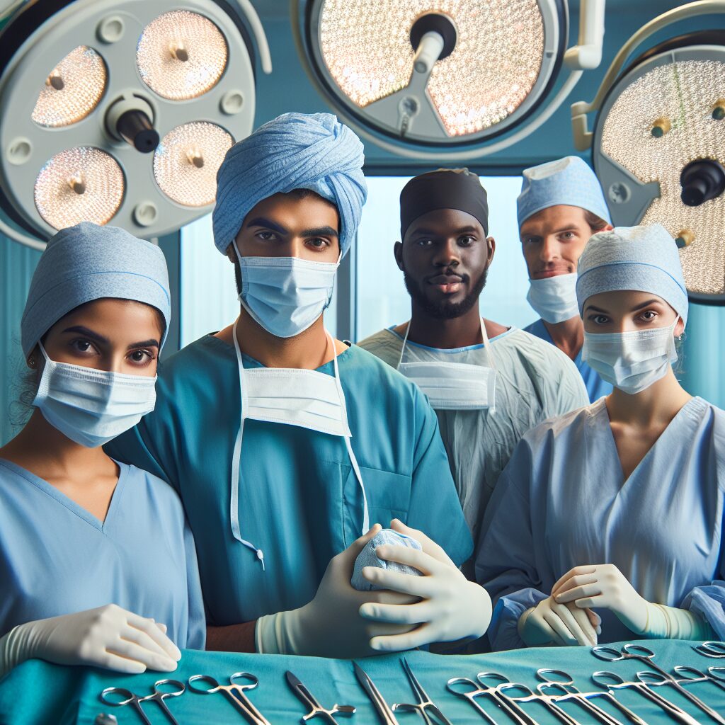 An image depicting a surgical team in a high-tech operating room, focusing on infection prevention measures, such as sterile equipment and protective gear.