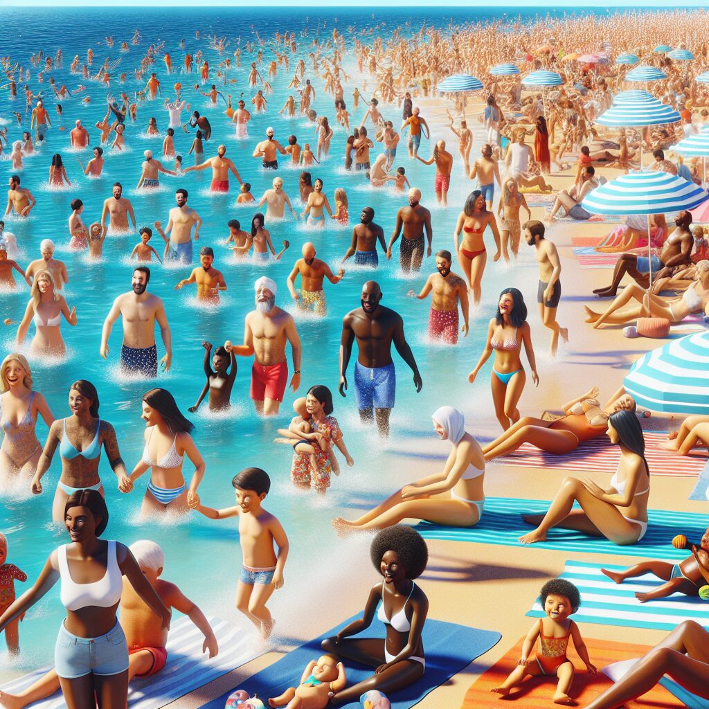 A bright sunny beach scene with families enjoying the water and a vivid blue sea, while some are resting on towels or under umbrellas, depicting a safe and relaxed summer atmosphere.
