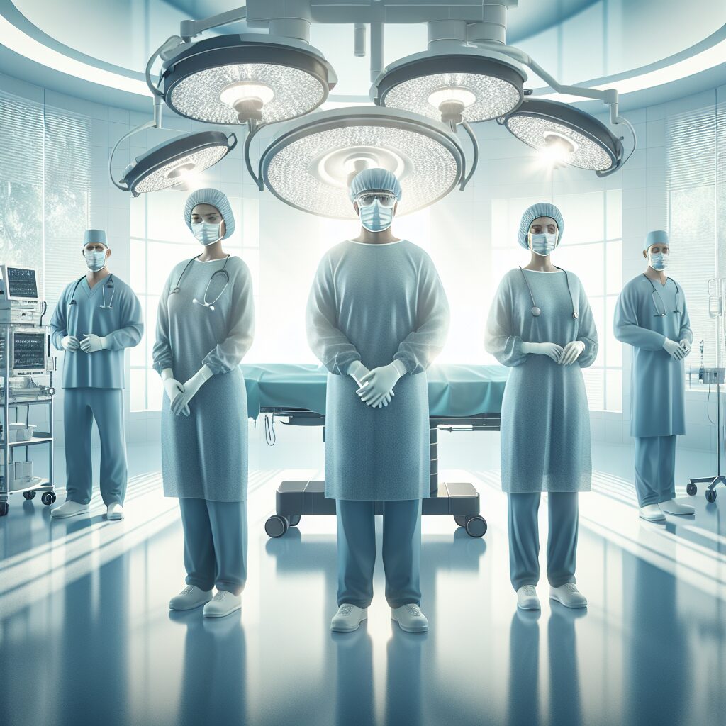 Illustration d'une salle d'opération moderne avec des professionnels de santé en tenue de chirurgie, mettant l'accent sur les mesures de prévention des infections, lumière douce et ambiance de collaboration.