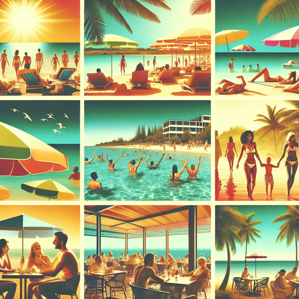 A scenic view of a sunny beach with people relaxing under umbrellas, some swimming, others sitting at a beachside restaurant, enjoying meals. The scene should convey a sense of summer leisure and highlight the theme of safety and enjoyment around water activities.