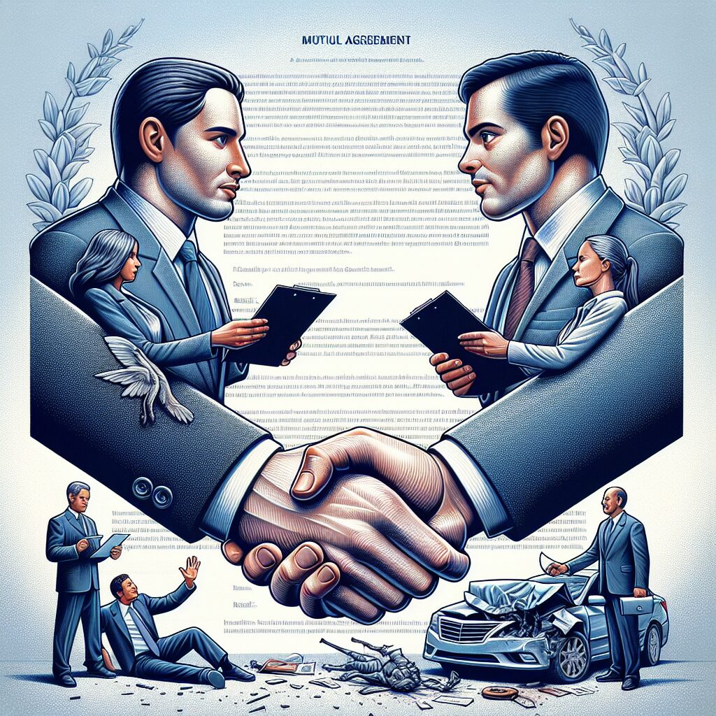 An illustration showing a symbolic handshake between two insurance companies with a background of a car accident scene, medical documents, and an injured person. The focus is on cooperation and legal procedure, emphasizing mutual agreement and support compliance.