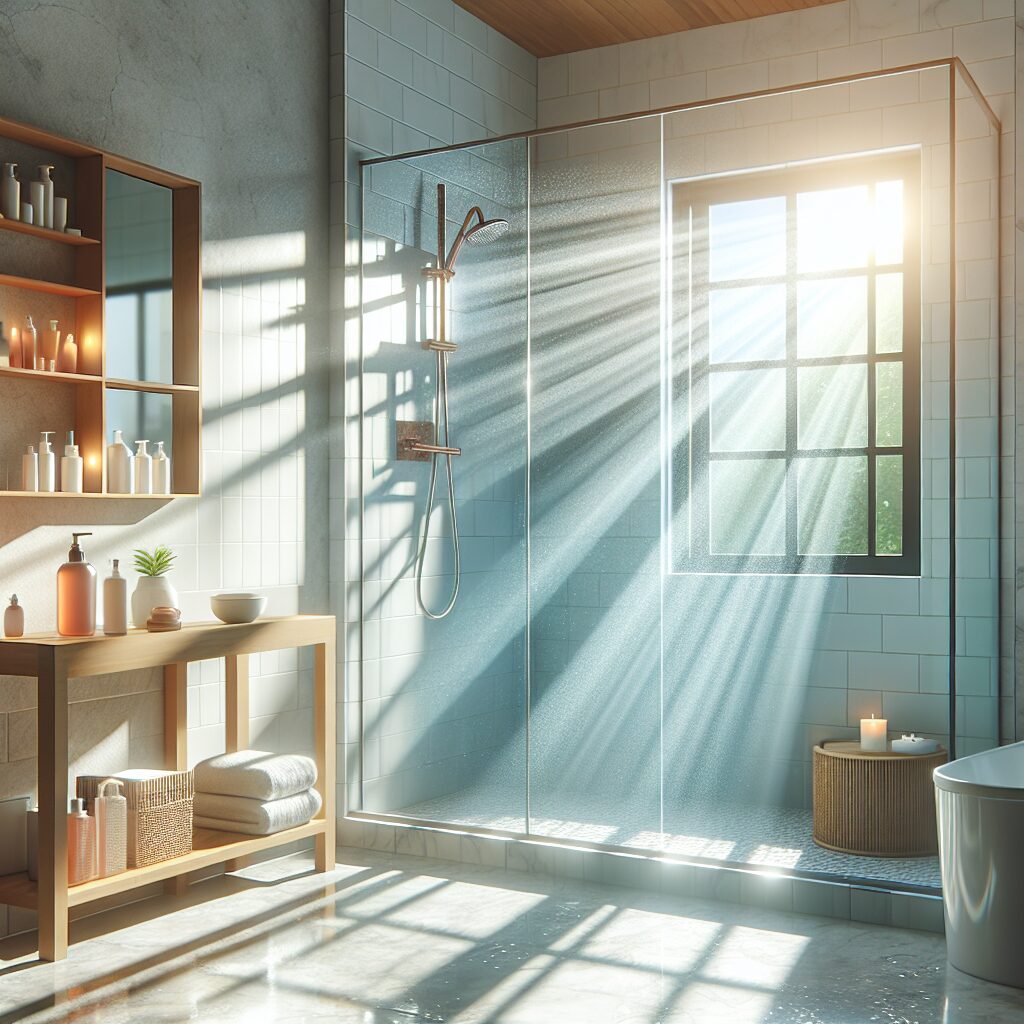 Une salle de bain lumineuse avec une douche en verre, des rayons de soleil entrant par une fenêtre, des produits de soin de la peau sur une étagère.