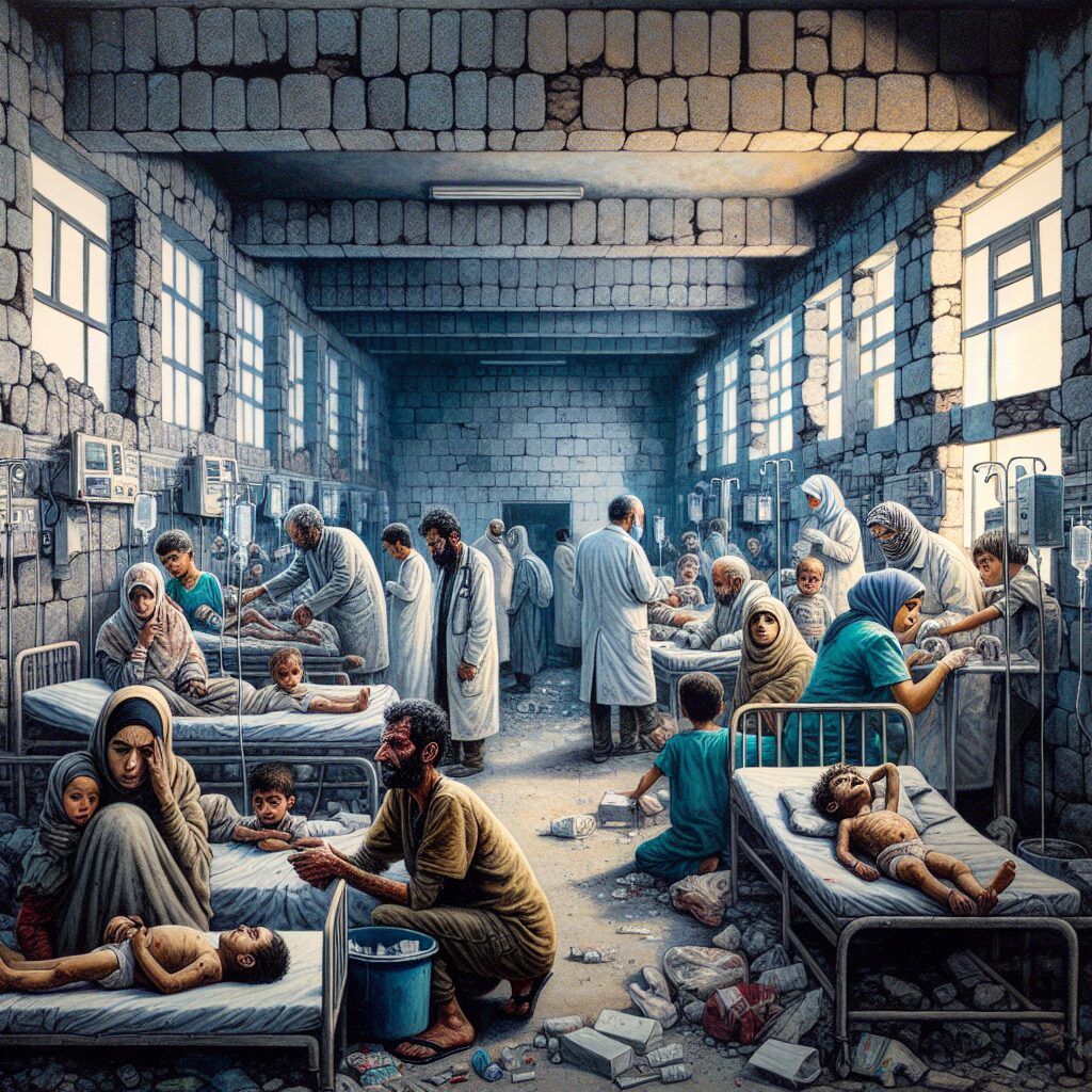 A striking image showing desperate conditions inside a children's hospital in Gaza, with visibly distressed pediatric patients and exhausted medical staff amid a backdrop of medical supplies shortage and blockade impacts.