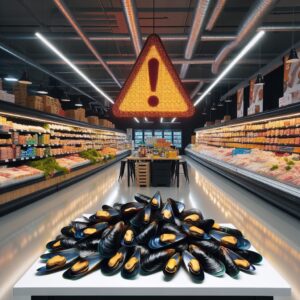 Un assortiment de moules de Bouchot sur une table, avec une alerte de contamination en surimpression, environnement de supermarché en arrière-plan