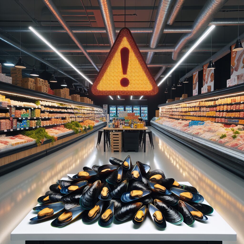 Un assortiment de moules de Bouchot sur une table, avec une alerte de contamination en surimpression, environnement de supermarché en arrière-plan