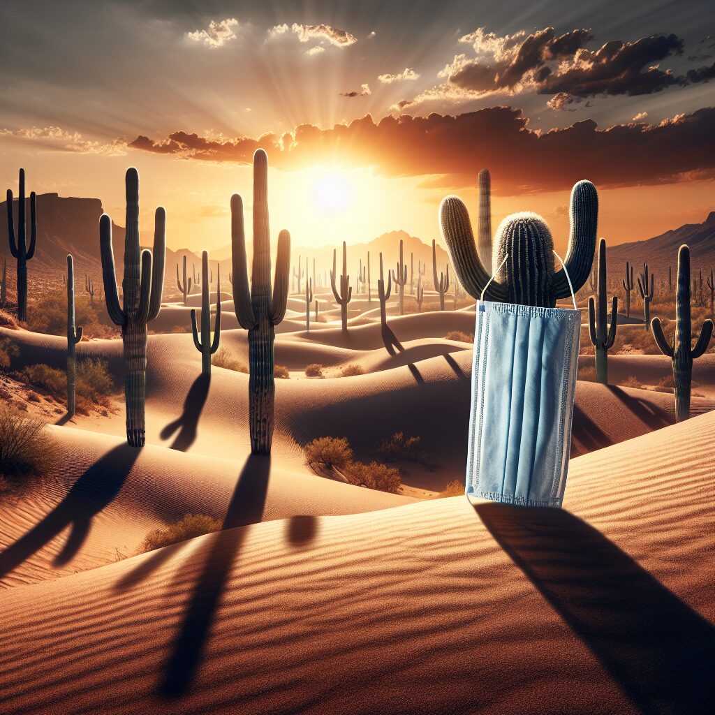 A depiction of the Arizona desert with a medical mask and a shadow representing the danger of infectious diseases, highlighting the theme of health precautions against contagious diseases.