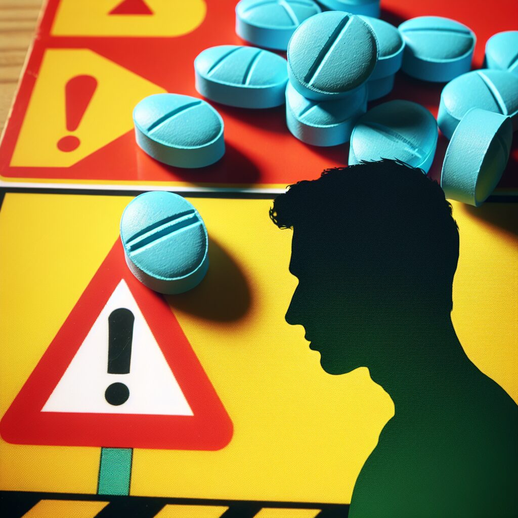 An informative and cautionary image showing tramadol pills with a warning sign, highlighting the risk of addiction. Use colors like red and yellow for warning, and include an image of a person's silhouette pondering or looking concerned.
