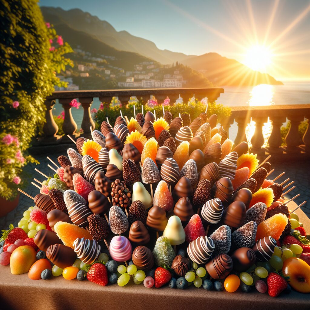 A vibrant and colorful assortment of chocolate-covered fruits elegantly displayed against a summer backdrop, capturing the essence of refreshing and indulgent treats, with a focus on the contrast between traditional ice cream and modern chocolate-covered fruits.