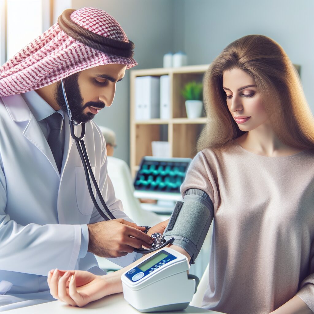 A medical professional measuring blood pressure of a patient using a modern electronic sphygmomanometer, showcasing a serene clinic environment. The patient, a middle-aged person, looks relaxed and attentive. The setting is bright and professional, with medical charts and instruments subtly visible in the background to emphasize the clinical setting.