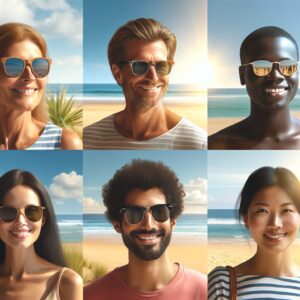a serene summer scene with people wearing sunglasses and ear protection, enjoying the beach safely under the sun, highlighting health and safety awareness