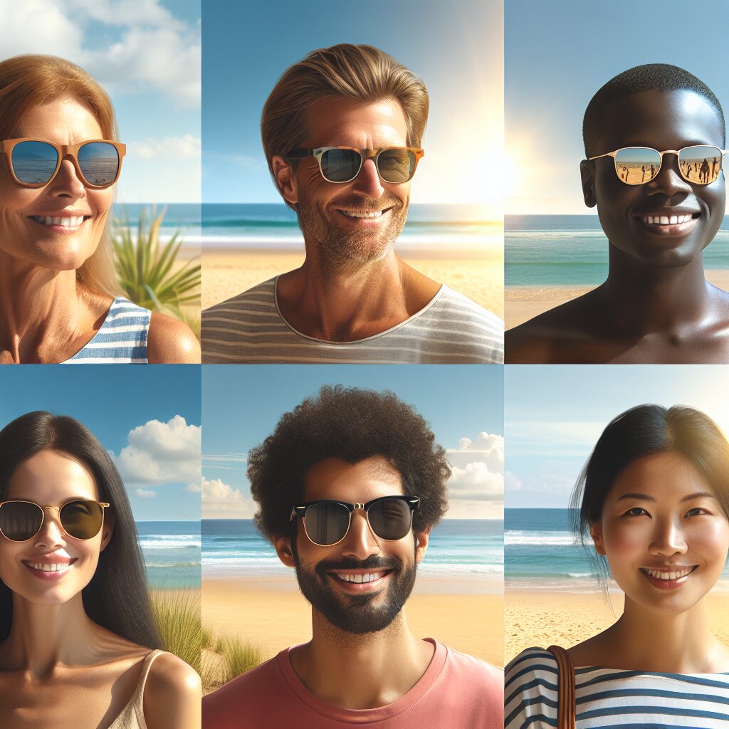 a serene summer scene with people wearing sunglasses and ear protection, enjoying the beach safely under the sun, highlighting health and safety awareness