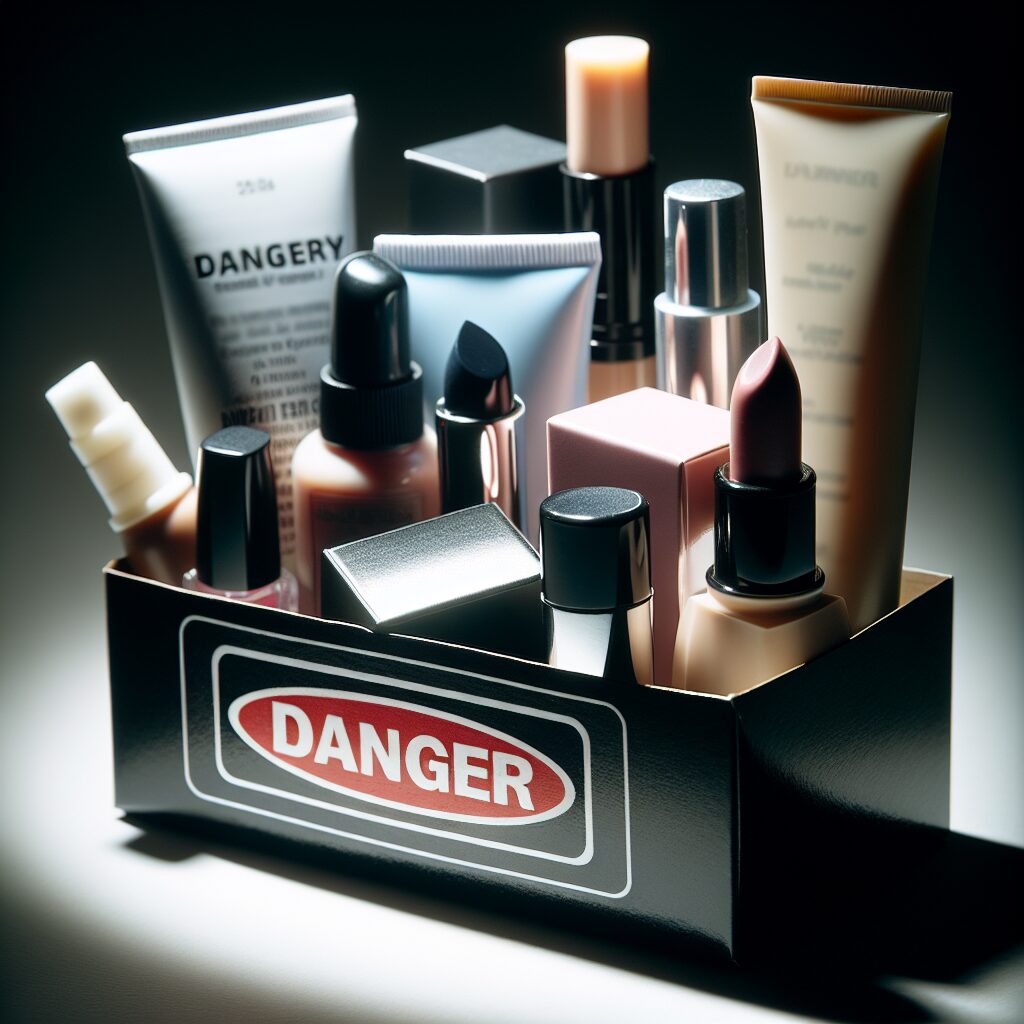 A close-up of an array of cosmetic products with misleading packaging, highlighting the word "Danger" in bold. The image should convey a sense of hidden risk with shadows and a slightly darkened ambiance, reflecting a cautionary theme.