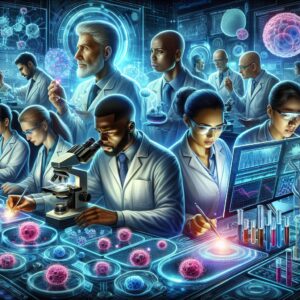A detailed view of scientists in a high-tech laboratory, analyzing cancer cells with advanced equipment and futuristic computer interfaces, depicting hope and breakthrough in cancer research.