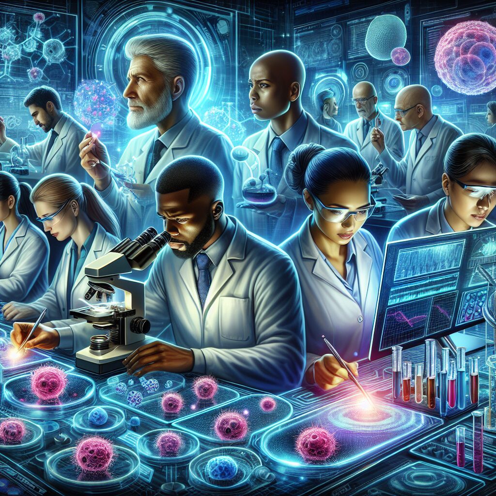 A detailed view of scientists in a high-tech laboratory, analyzing cancer cells with advanced equipment and futuristic computer interfaces, depicting hope and breakthrough in cancer research.