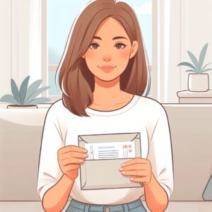 Illustration d'une jeune femme franco-européenne d'environ 20 ans, recevant un kit de dépistage discret dans une enveloppe neutre, dans un décor moderne et confiant, représentant la santé et la prévention. Atmosphère lumineuse et rassurante.