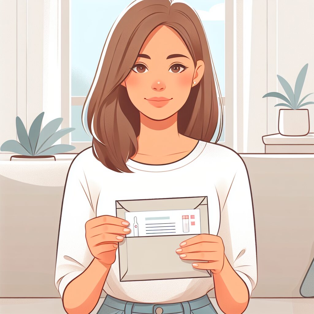 Illustration d'une jeune femme franco-européenne d'environ 20 ans, recevant un kit de dépistage discret dans une enveloppe neutre, dans un décor moderne et confiant, représentant la santé et la prévention. Atmosphère lumineuse et rassurante.