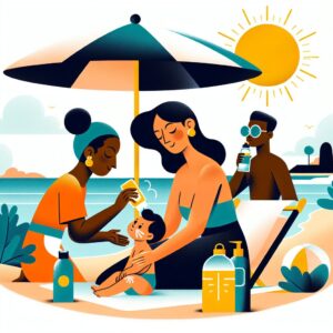 Illustration showing a sunny beach with a family enjoying under an umbrella, a mother applying sunscreen to a child, a person sipping water with sunglasses. This image conveys a relaxing and health-conscious summer vibe.