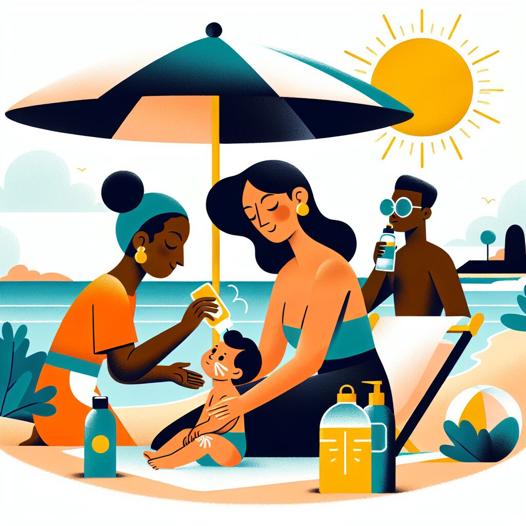 Illustration showing a sunny beach with a family enjoying under an umbrella, a mother applying sunscreen to a child, a person sipping water with sunglasses. This image conveys a relaxing and health-conscious summer vibe.
