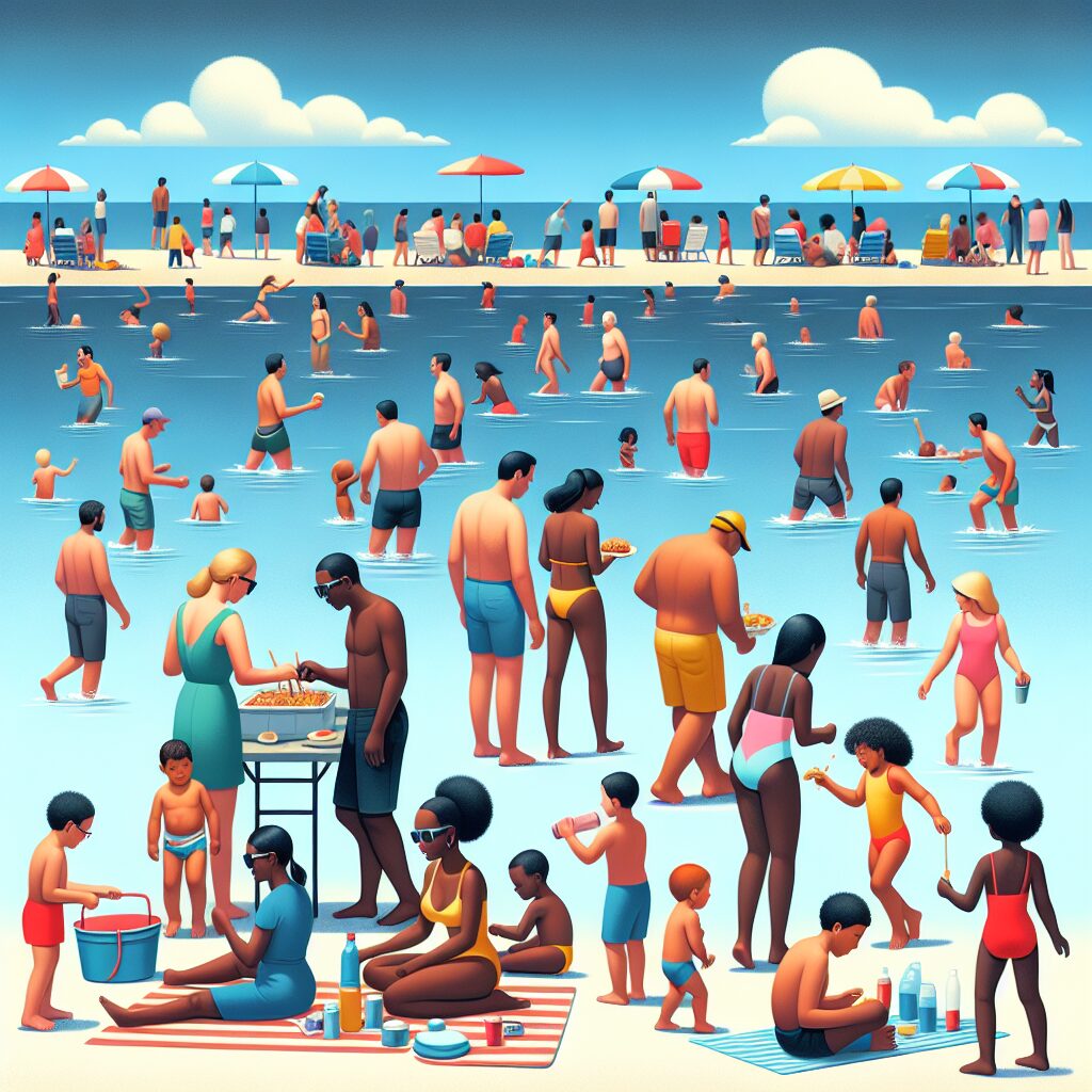 Une plage bondée avec des familles et des enfants jouant près de l'eau sous un ciel bleu clair. Certaines personnes finissent un pique-nique sous des parasols colorés, tandis que d'autres s'apprêtent à entrer dans l'eau, illustrant l'idée de baignade après un repas.