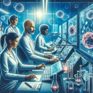 An illustration of scientists in a high-tech laboratory, analyzing cancer tumor samples with advanced technology, showing a futuristic and hopeful atmosphere in the fight against cancer.