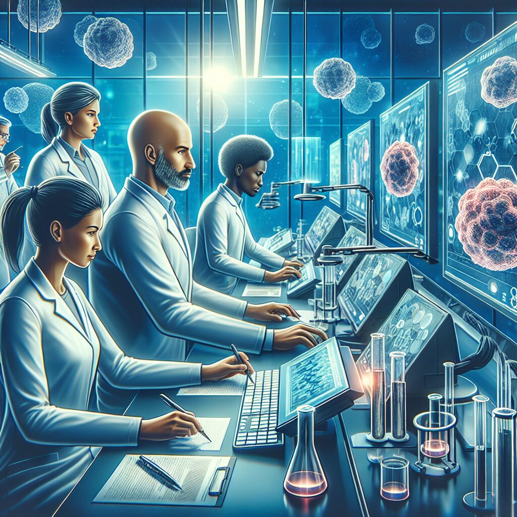 An illustration of scientists in a high-tech laboratory, analyzing cancer tumor samples with advanced technology, showing a futuristic and hopeful atmosphere in the fight against cancer.