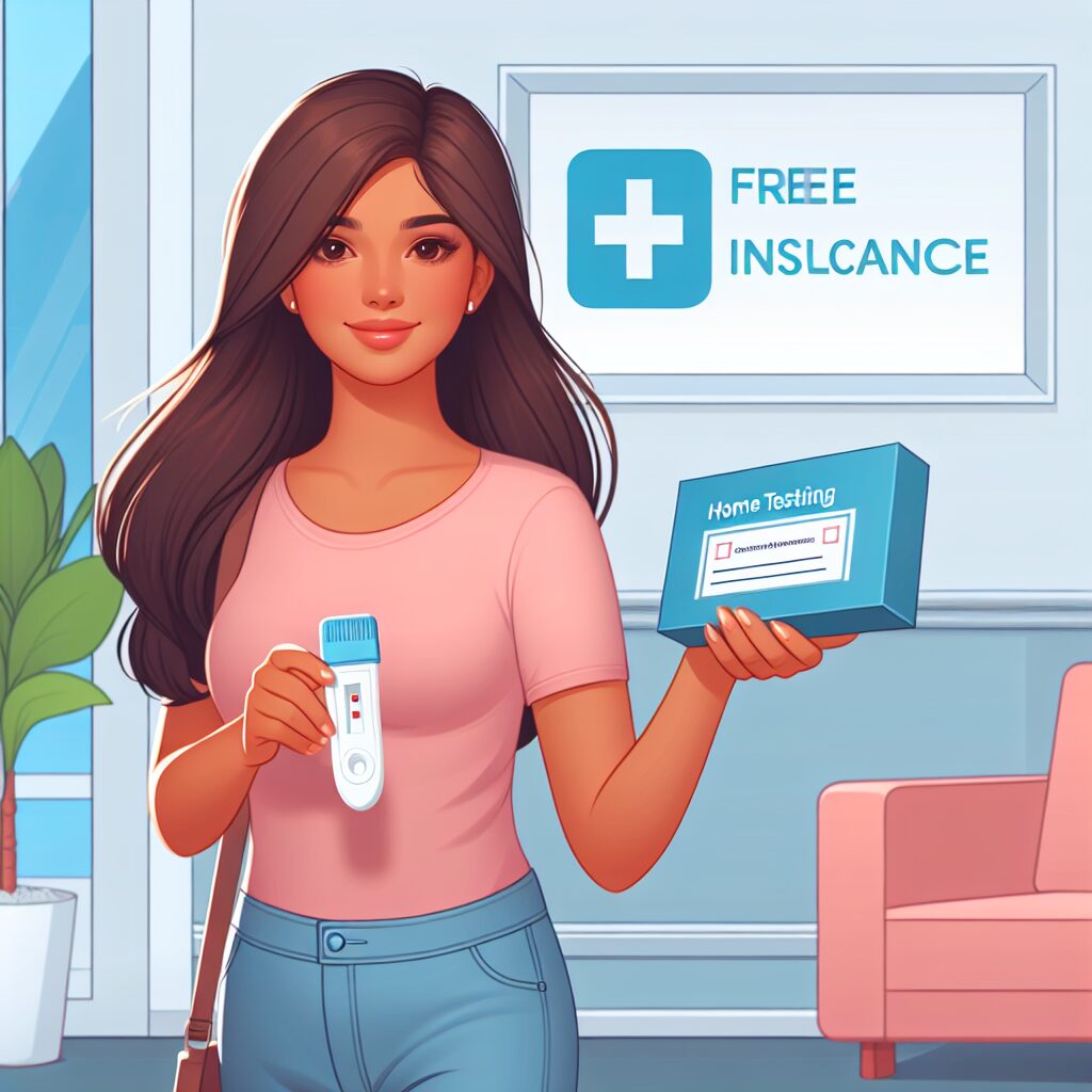 Illustration d'une jeune femme recevant un kit de dépistage à domicile dans un environnement moderne, avec un logo de l'Assurance Maladie en arrière-plan, symbolisant la prise en charge gratuite et la confidentialité.