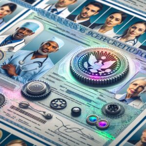 An official and secure-looking document with holographic seals, magnetic ink, and intricate security features, symbolizing security and authenticity, with a background illustrating medical professionals.