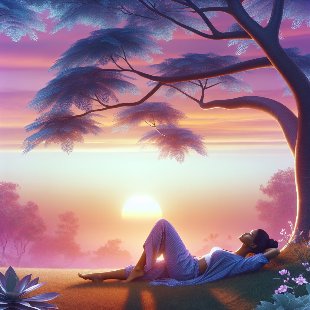 A peaceful summer scene with a person relaxing under a tree, enjoying nature, symbolizing mental calm and wellness during summer. The sun is setting in the background, casting warm, calming colors across the sky.