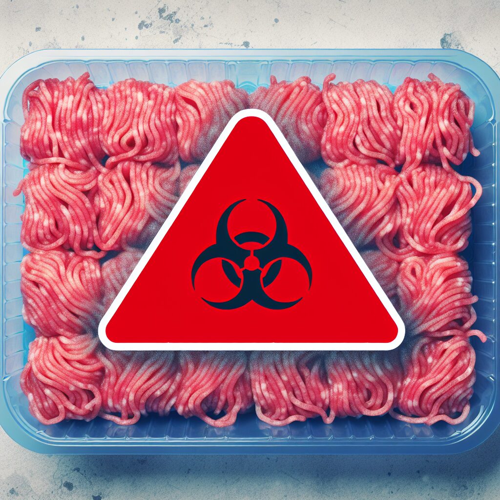 A close-up image of a plastic tray of minced meat, with a cautionary red warning sign overlaid, illustrating a food safety warning about bacterial contamination.