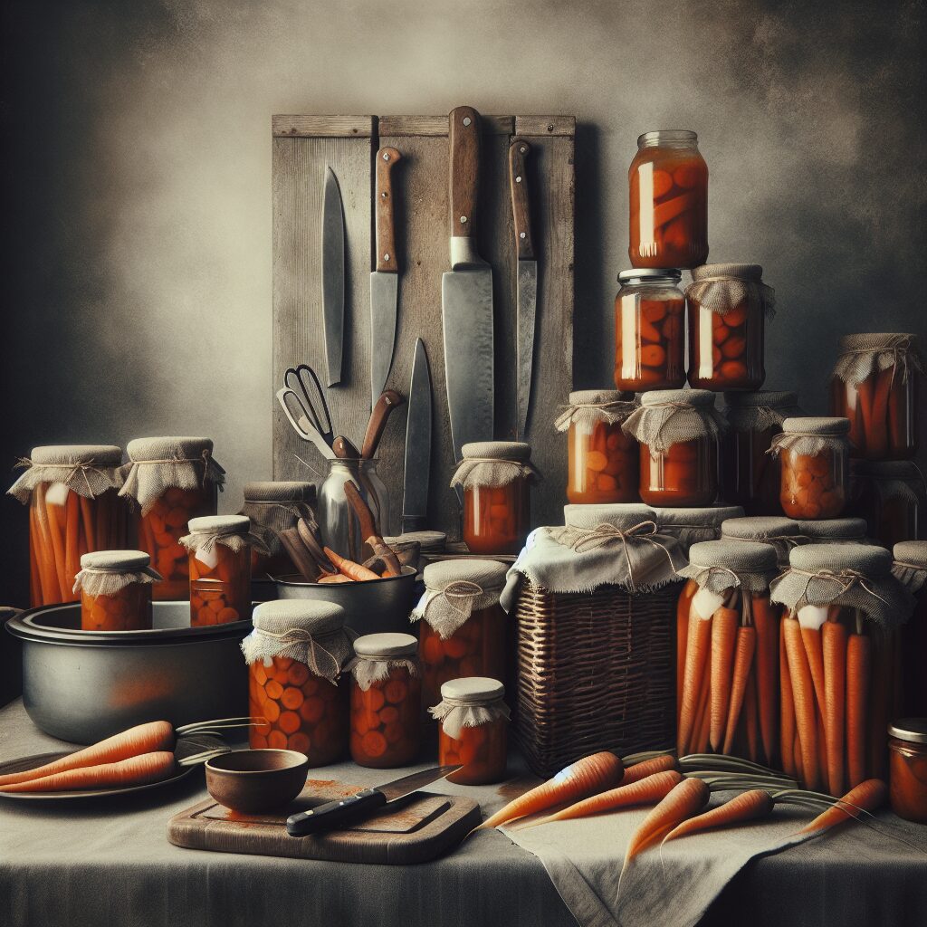 Image depicting a rustic kitchen setting with jars of homemade carrot preserves, giving a sense of potential danger, muted colors to convey seriousness.