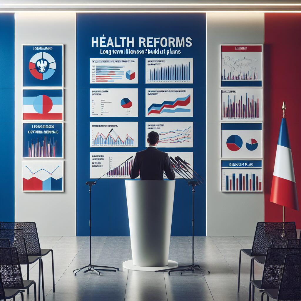 A press conference scene featuring French Prime Minister François Bayrou speaking about health reforms with charts and graphs about Long Term Illnesses and budget plans in the background, set in a modern conference room with a French flag visible.