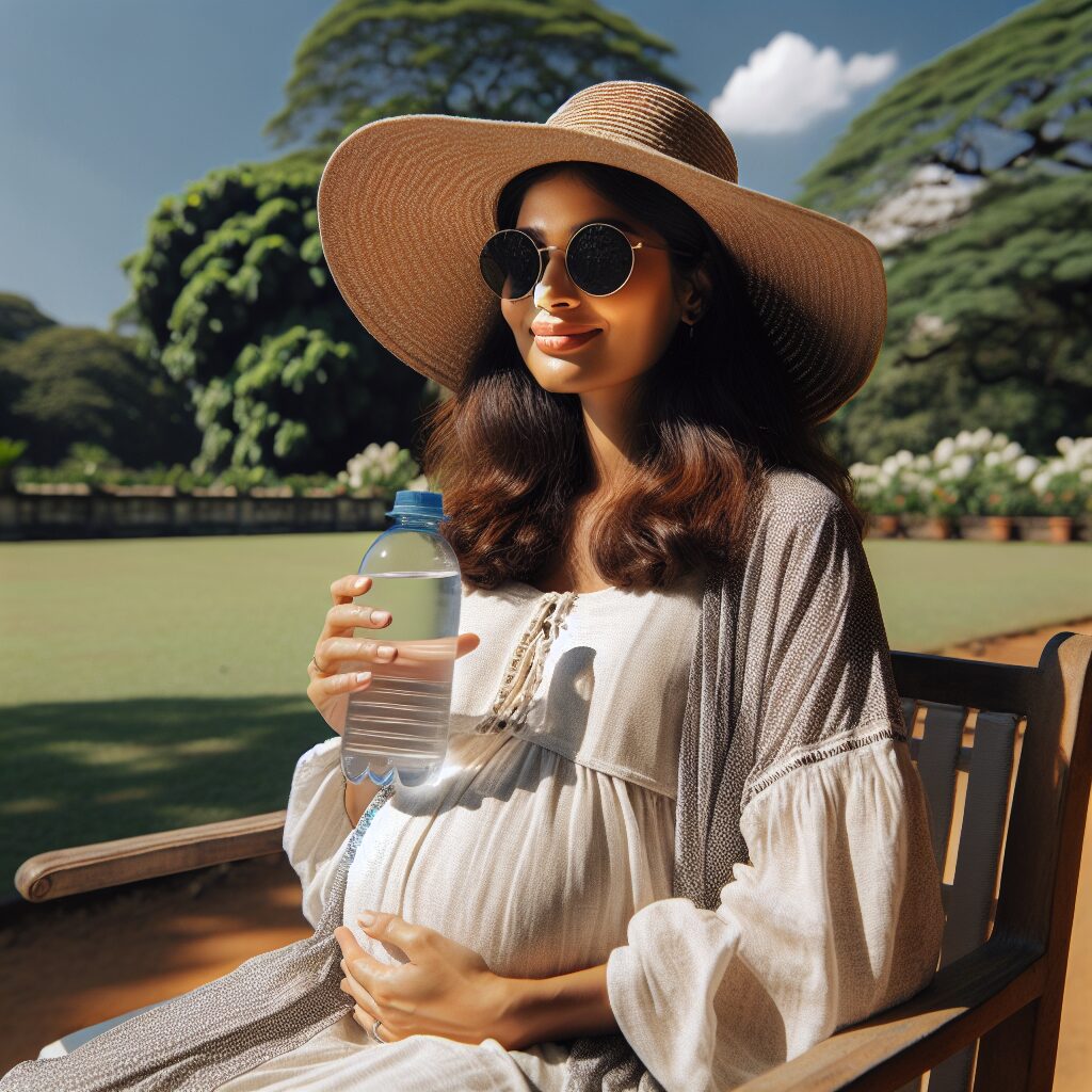 A pregnant woman enjoying a sunny summer day with proper sun protection: wearing a wide-brimmed hat, sunglasses, and light clothing, sitting in a shaded area with a water bottle. The setting should be a lush green park with clear blue skies, conveying a sense of safety and relaxation during pregnancy in summer.