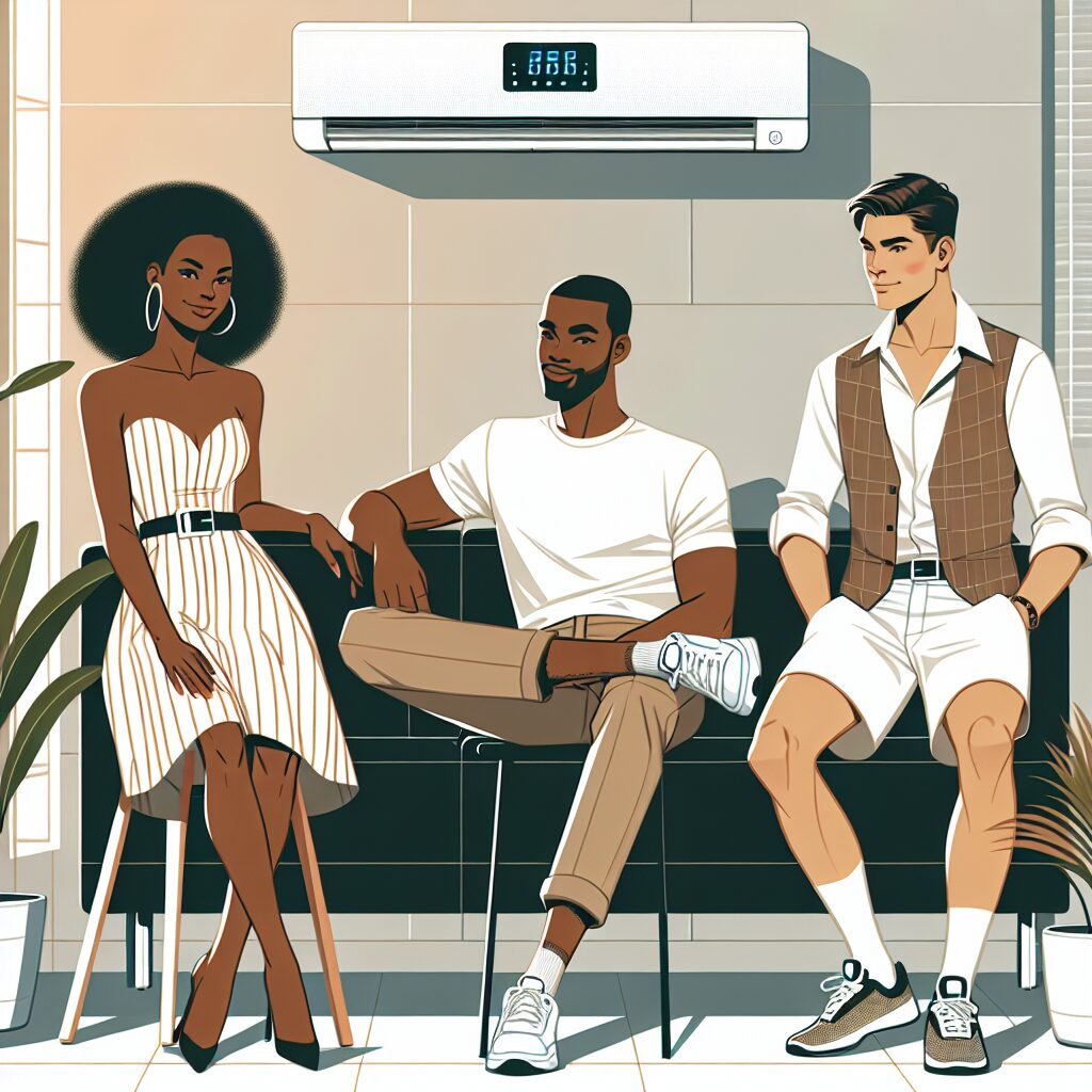 A creative illustration of a modern office environment, showing employees dressed in a mix of summer and business attire, sitting around an air conditioner with visible temperature control on a wall nearby. The image should capture expressions of relief and collaboration.