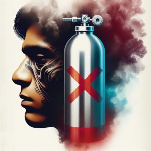 An urgent alert symbol showing a crossed-out nitrous oxide canister, with a background depicting a distressed young adult, emphasizing health risks and danger associated with inhalant abuse.