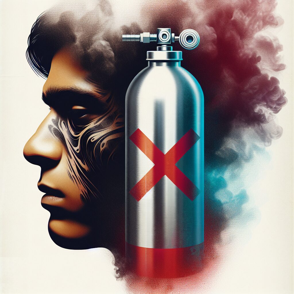 An urgent alert symbol showing a crossed-out nitrous oxide canister, with a background depicting a distressed young adult, emphasizing health risks and danger associated with inhalant abuse.