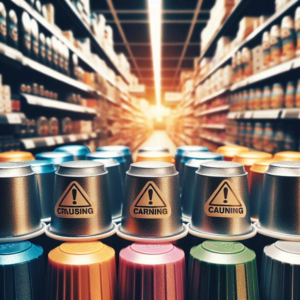 A close-up image of coffee capsules with a warning label, set against a backdrop of a supermarket aisle. The image should have a serious and cautionary tone, with soft lighting highlighting the capsules and the warning label.