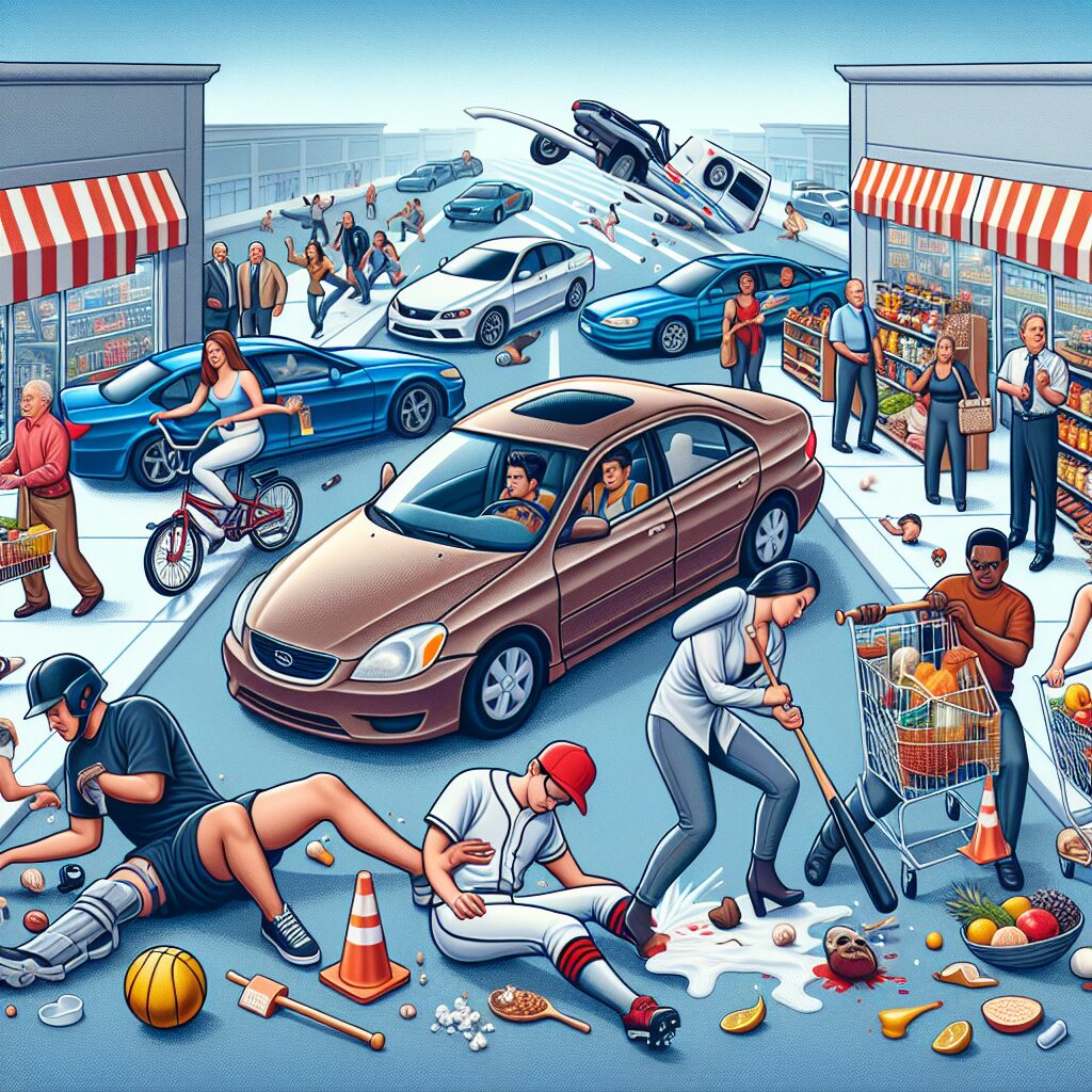 An informative illustration showing various accident scenarios such as car accidents, sporting injuries, and public space falls, highlighting the concept of third-party liability and legal recourse.