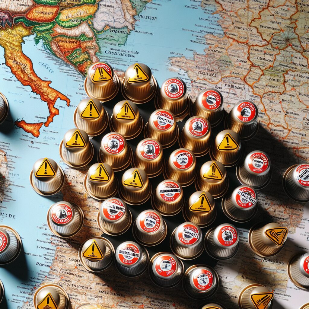 A set of coffee capsules with a warning sign, symbolizing health risk, placed against a French map background.