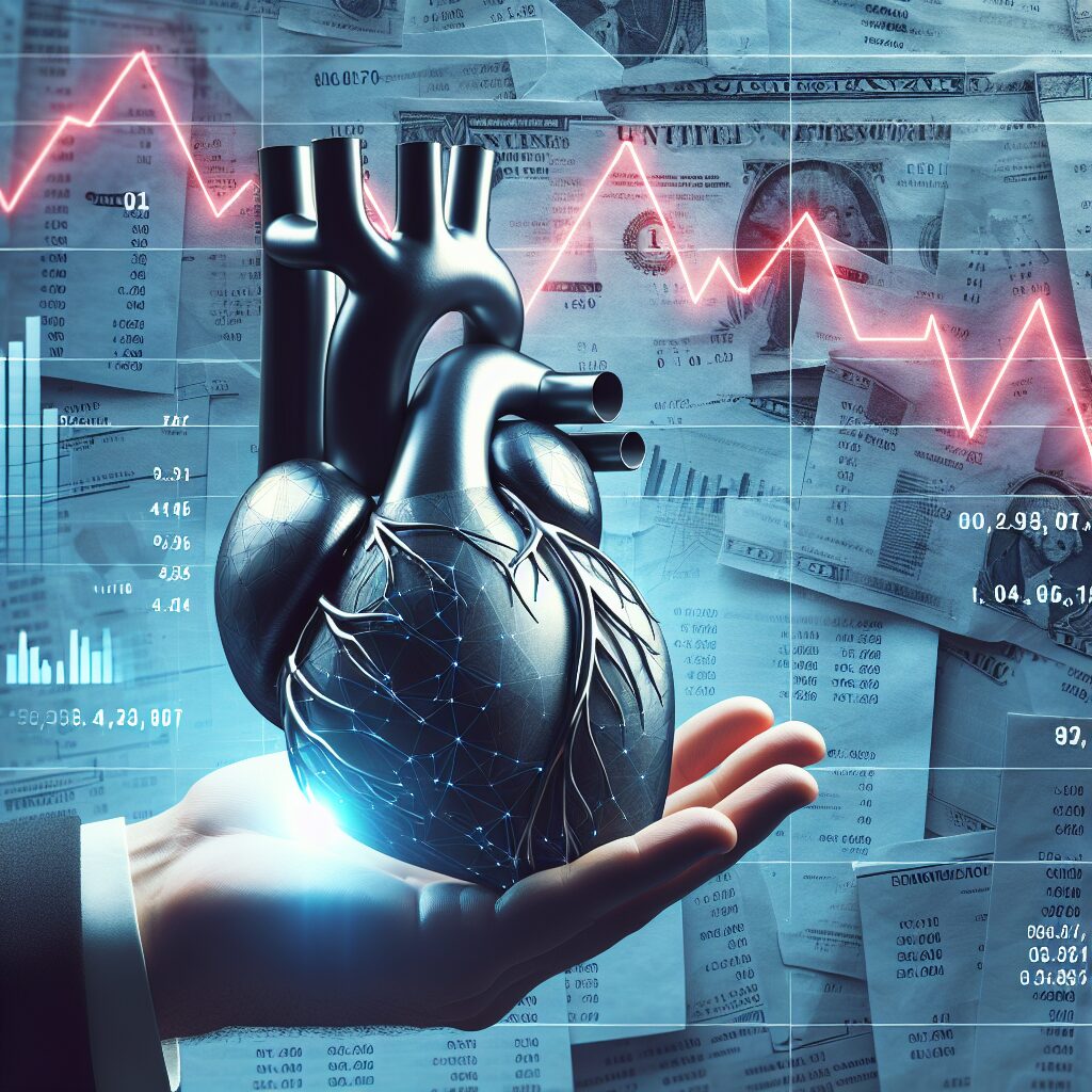 Image d'un cœur artificiel, représentant l'innovation technologique, sur fond de documents financiers et symbolique de crise économique, avec un ton dramatique et sérieux.